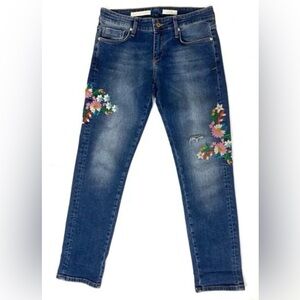 Pilcro and The Letterpress Denim Blue Jeans with Floral Embroidery accents.